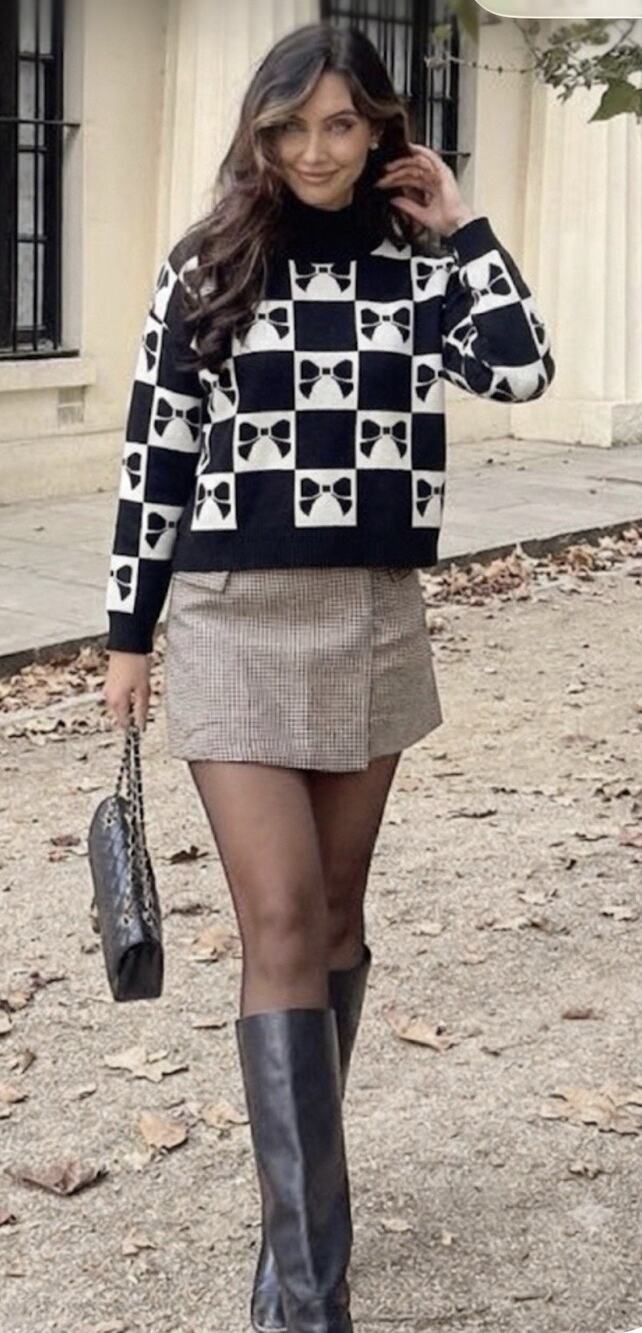 Anthropologie Luna Ivy Black & White Pullover Checkerboard Sweater Bow Print Med